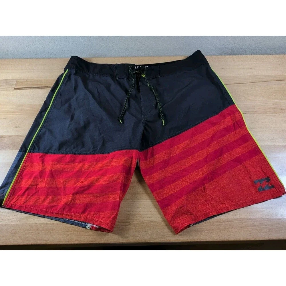 Billabong Platinum X Swim Trunks Mens 38 Black Red Gray Board Shorts Surf Beach